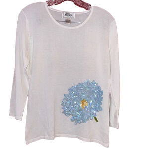 Vintage Bob Mackie White Long Sleeve  Top with Blue and Gold Floral Design M